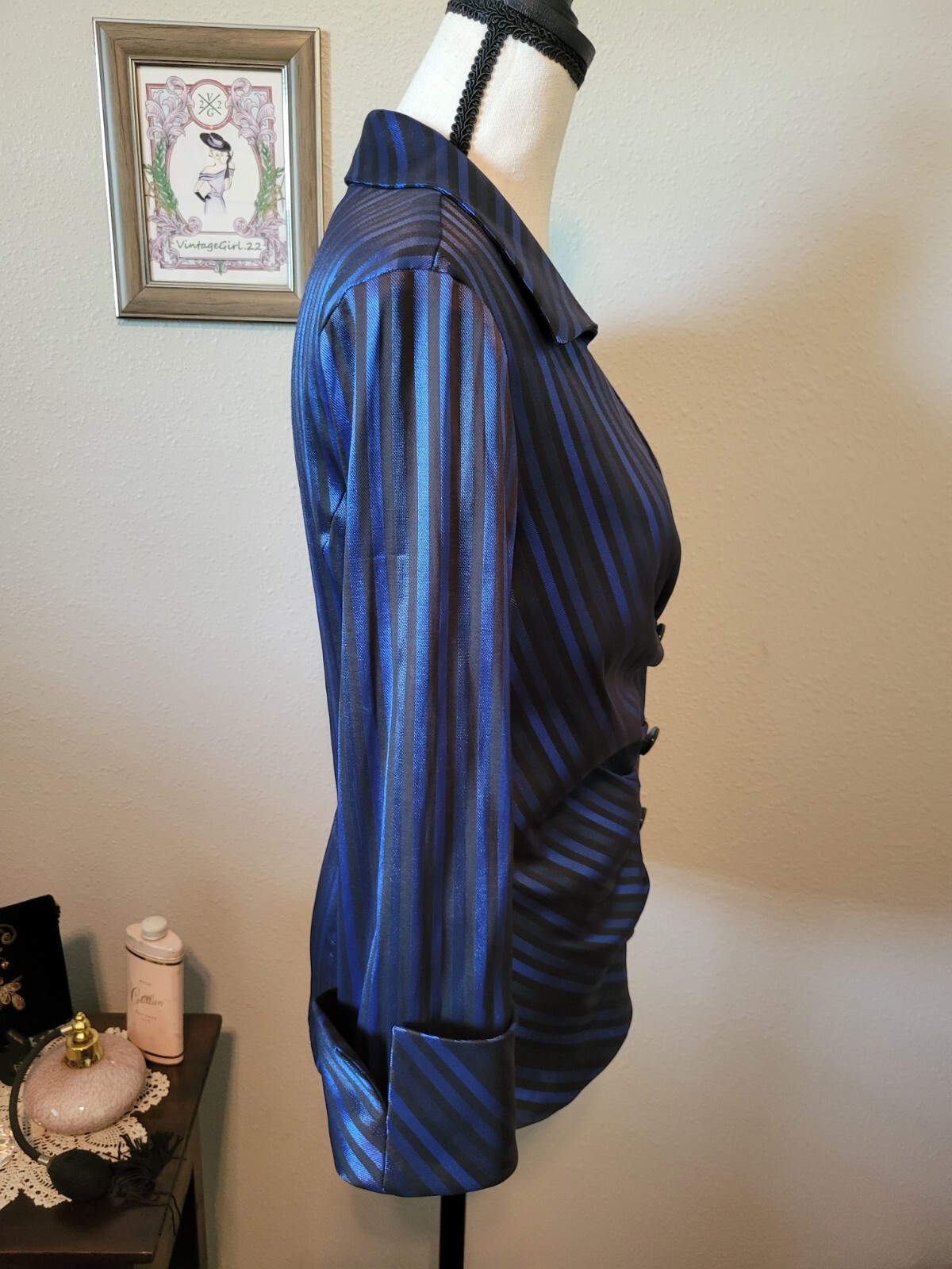 Vtg Joseph Ribkoff Blue & Black Shimmer Striped Formal Blouse/Jacket, Size 4