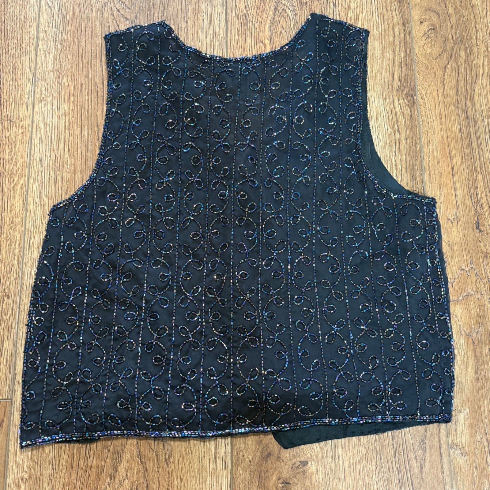 VTG 90s Sweet Sue Beaded 100% Silk Vest Black Iridescent Womens M Whimsigoth