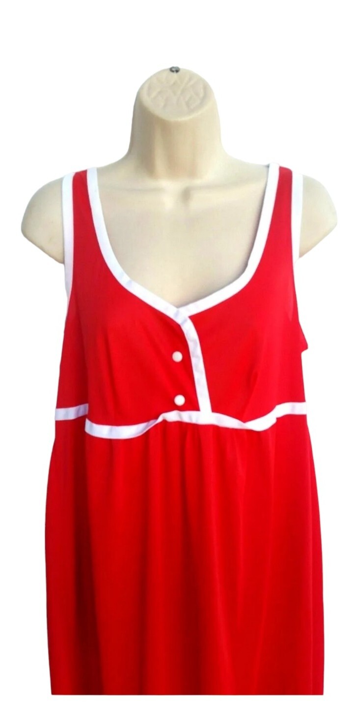 Vintage Nightgown Red White Trim Empire Waist Womens Size 32/34