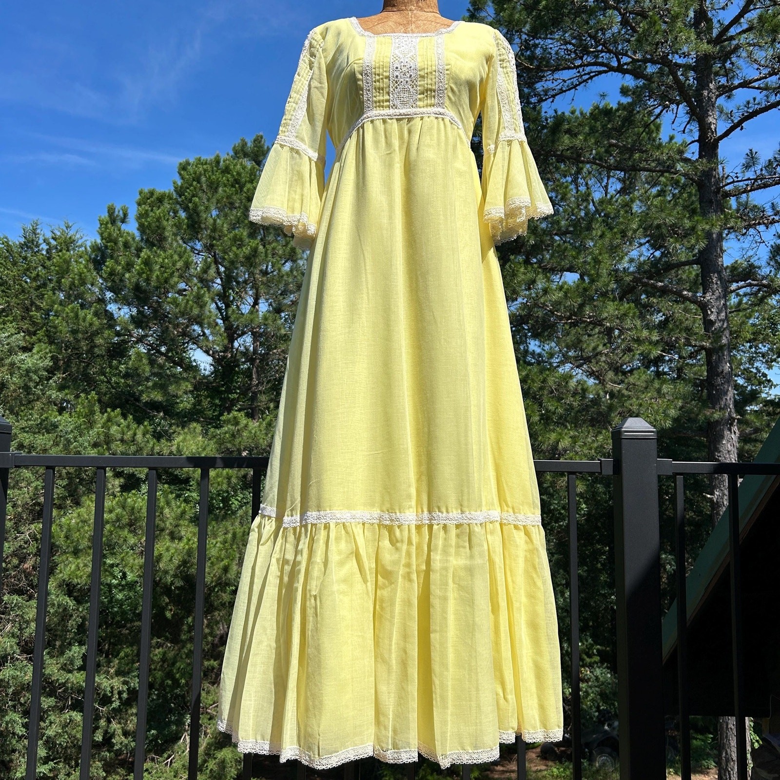 Vintage 60s Pastel Yellow Pintuck Crochet Empire Waist Ruffle Hem Prairie Dress