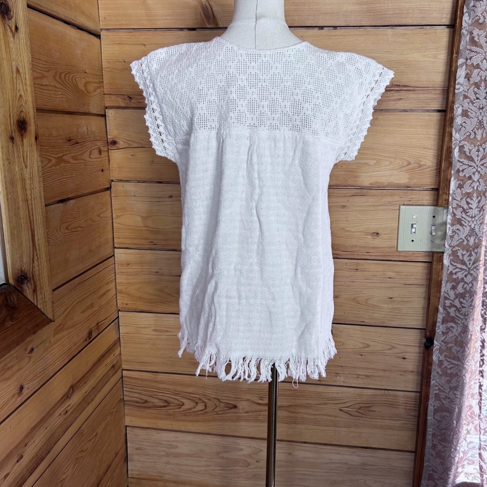 Vintage Blouse Women Large White Raw Cotton Tunic Crochet Lace Fringe Handmade