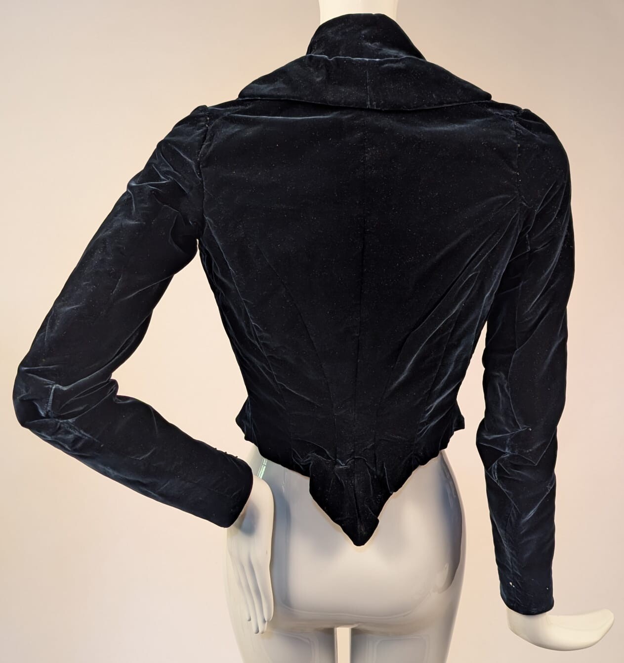 GOTHIC VICTORIAN 19TH C BLACK SILK VELVET JACKET W CORSET LACING HOOKS + GROMMET