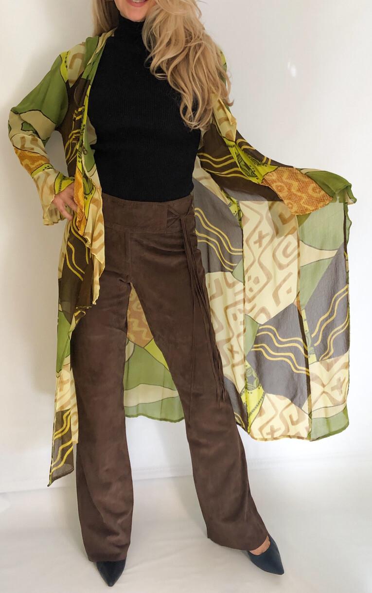 Kimono Duster chiffon maxi cardigan long cover up dress Vintage Sheer Robe SZ L
