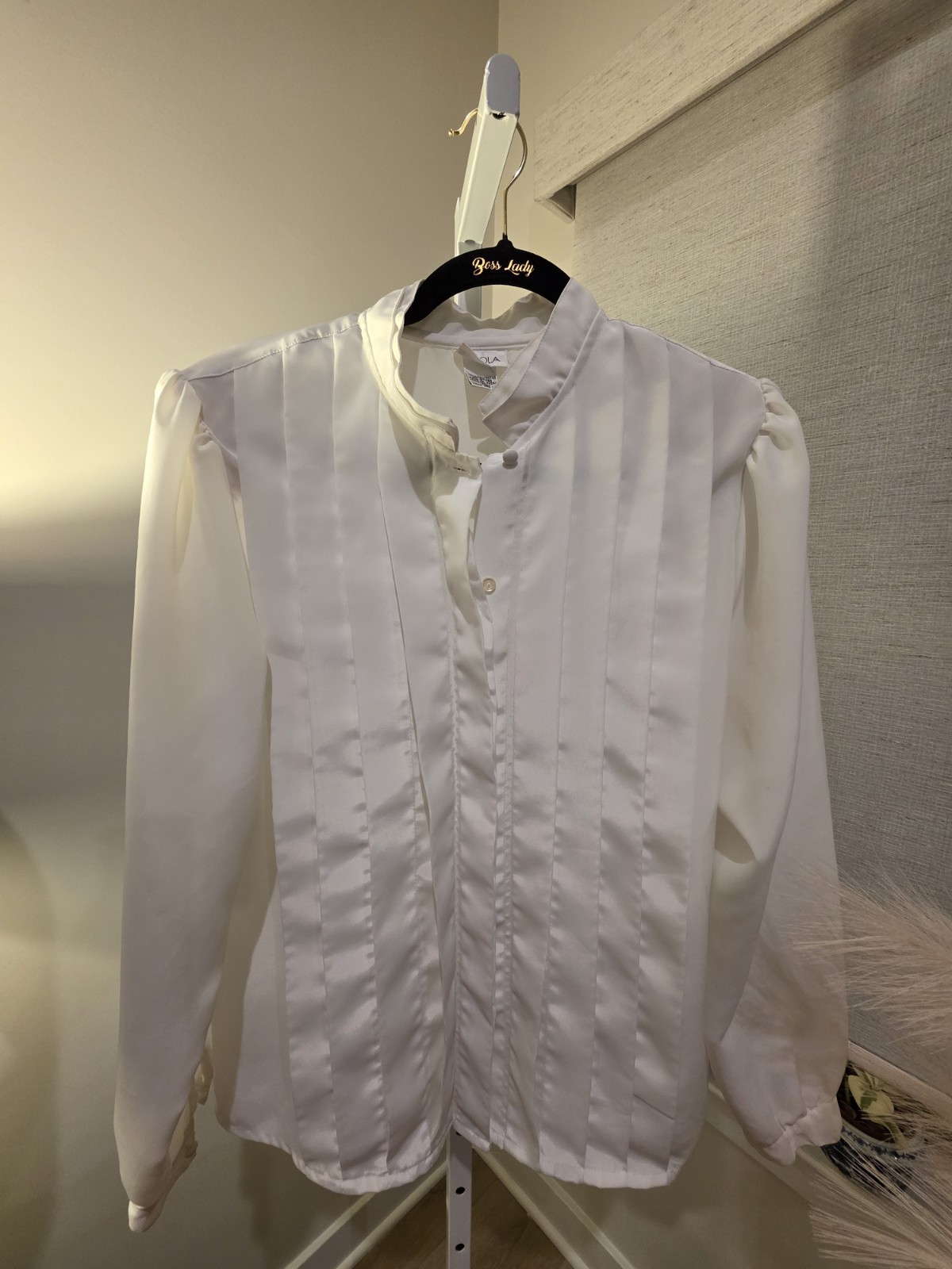 VTG Satin White High Collar Tuxedo Style Victorian Look Blouse Sz. 12