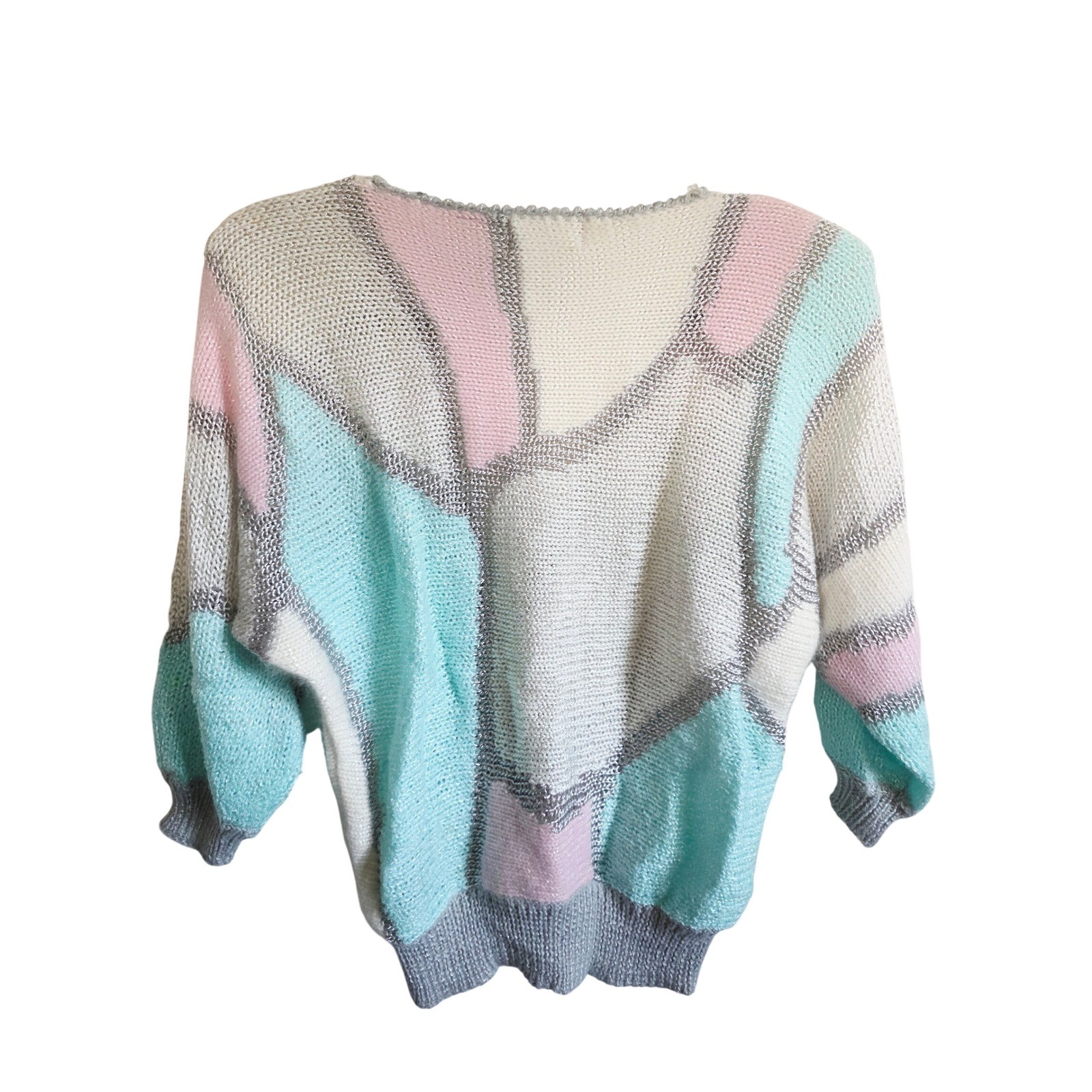 Vintage Ginenne M 80s Colorblock Sweater Pink Aqua Silver Metallic Wool Acrylic