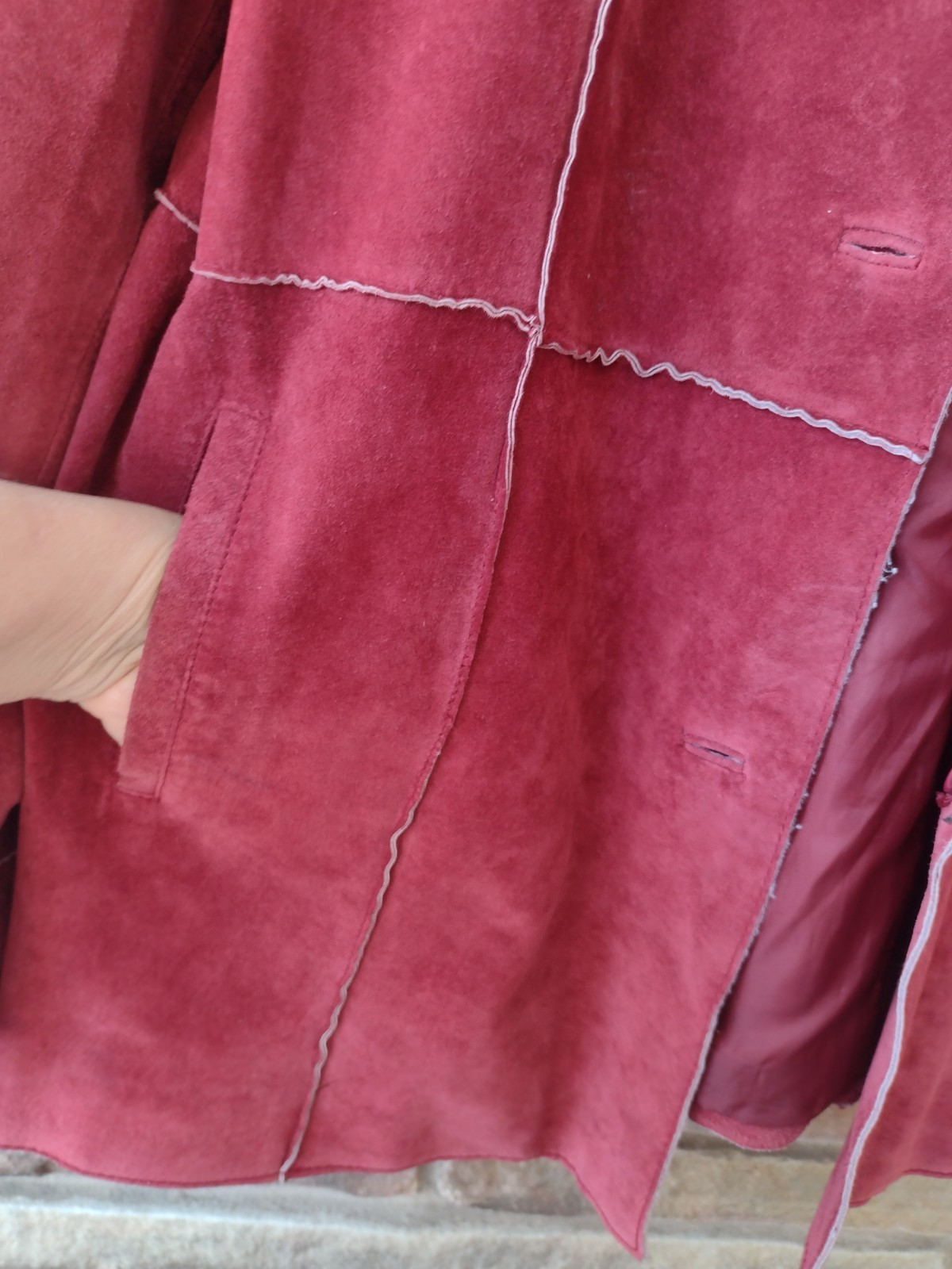 Vintage 90s Dark Red Suede Leather Patchwork Jacket L Boho Raw Edge Excellent