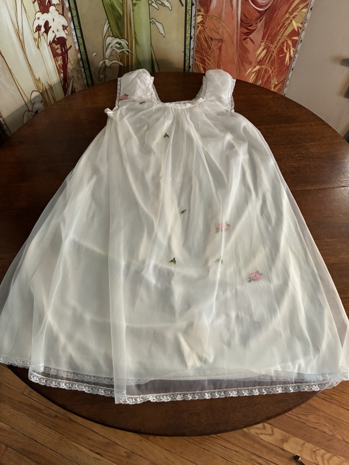Vintage White Laros Nylon Nightgown Flower Appliqués Size Med Cut # 125