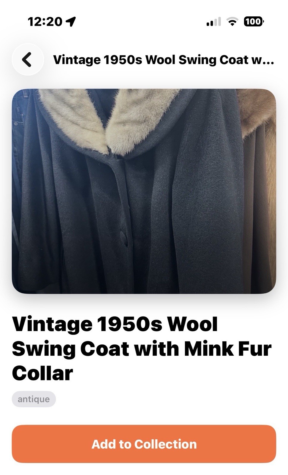 Vintage 1950S Wall Swing Coat With Mink Fur Collar Coat Is In Good Condition.