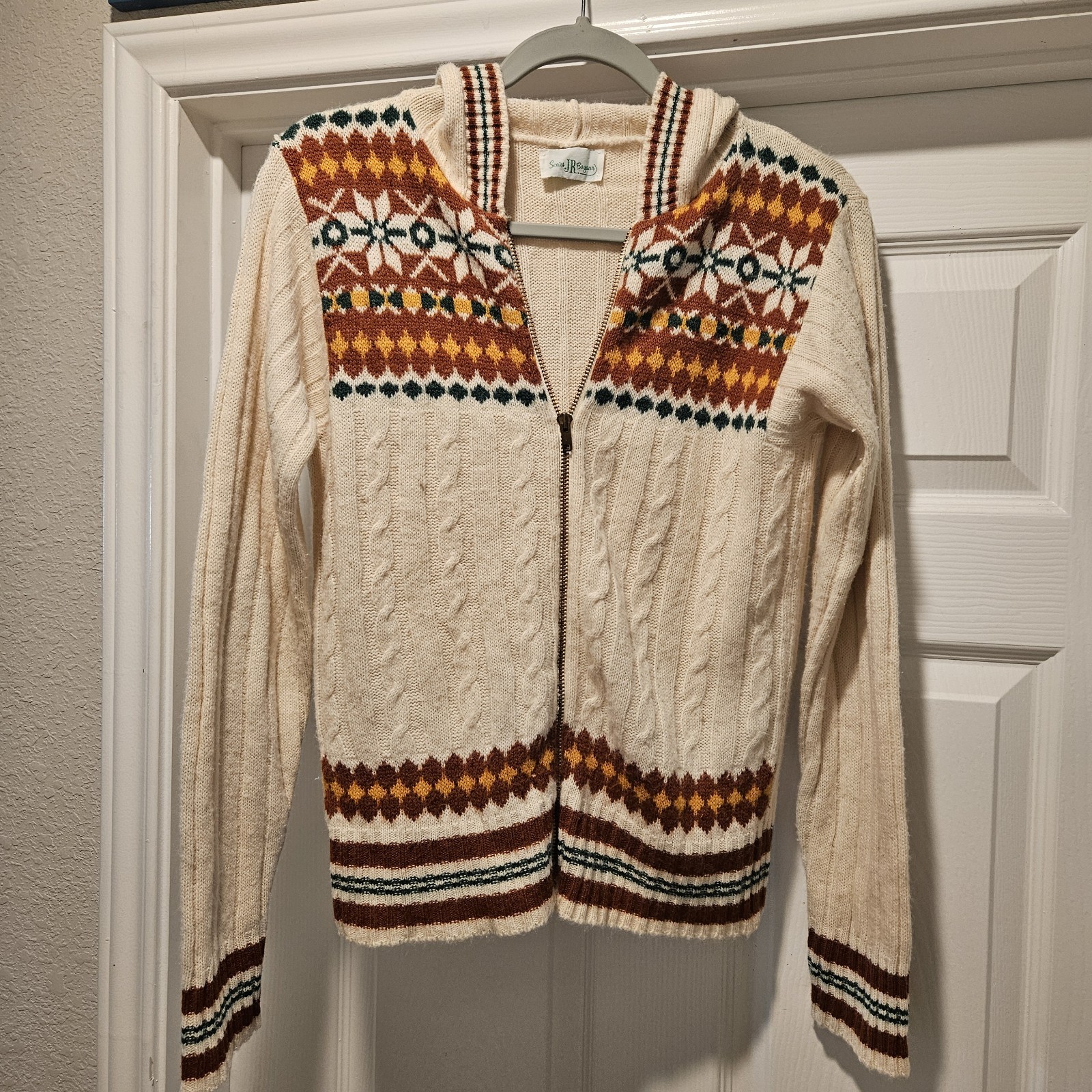 Vintage 1970s Sears Jr Bazaar Fair Isle Zip Hoodie Sweater Cream Brown Cable…