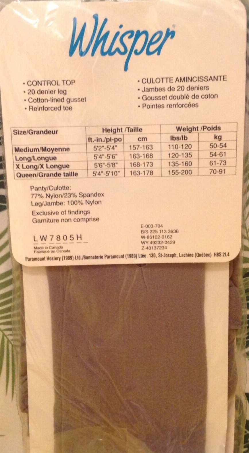 Vintage Pantyhose Whisper Control Top Color Tender Grey Size Extra Tall BWHIS056