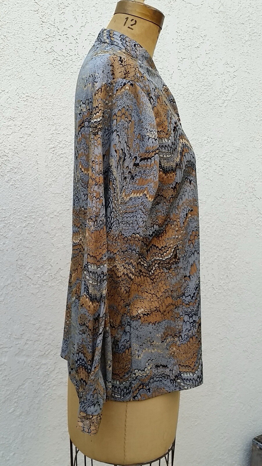 Vintage 1970s Marbleized Print Tunic LS Blouse Mandarin Band Collar Alex Colman