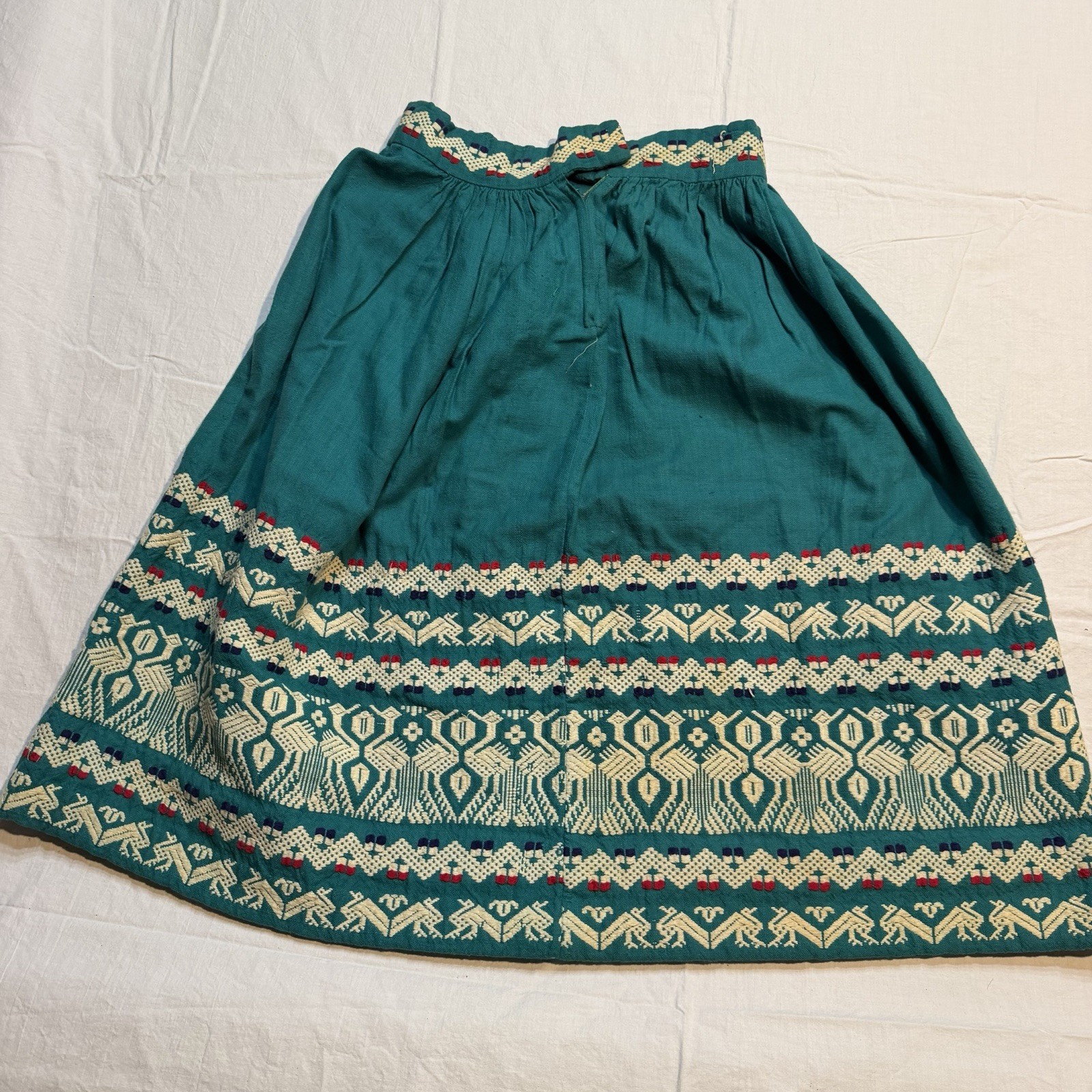 Guatemalan Handmade Woven Traditional Dirndl Skirt Size XS Green Red White Bird