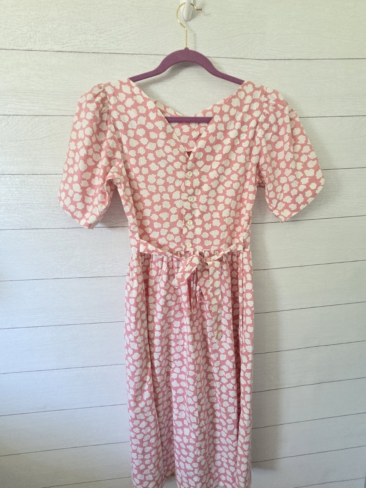 VTG Lanz Originals Dress 7/8 Pink Floral Cotton Tea Dress Cottage Core Belted