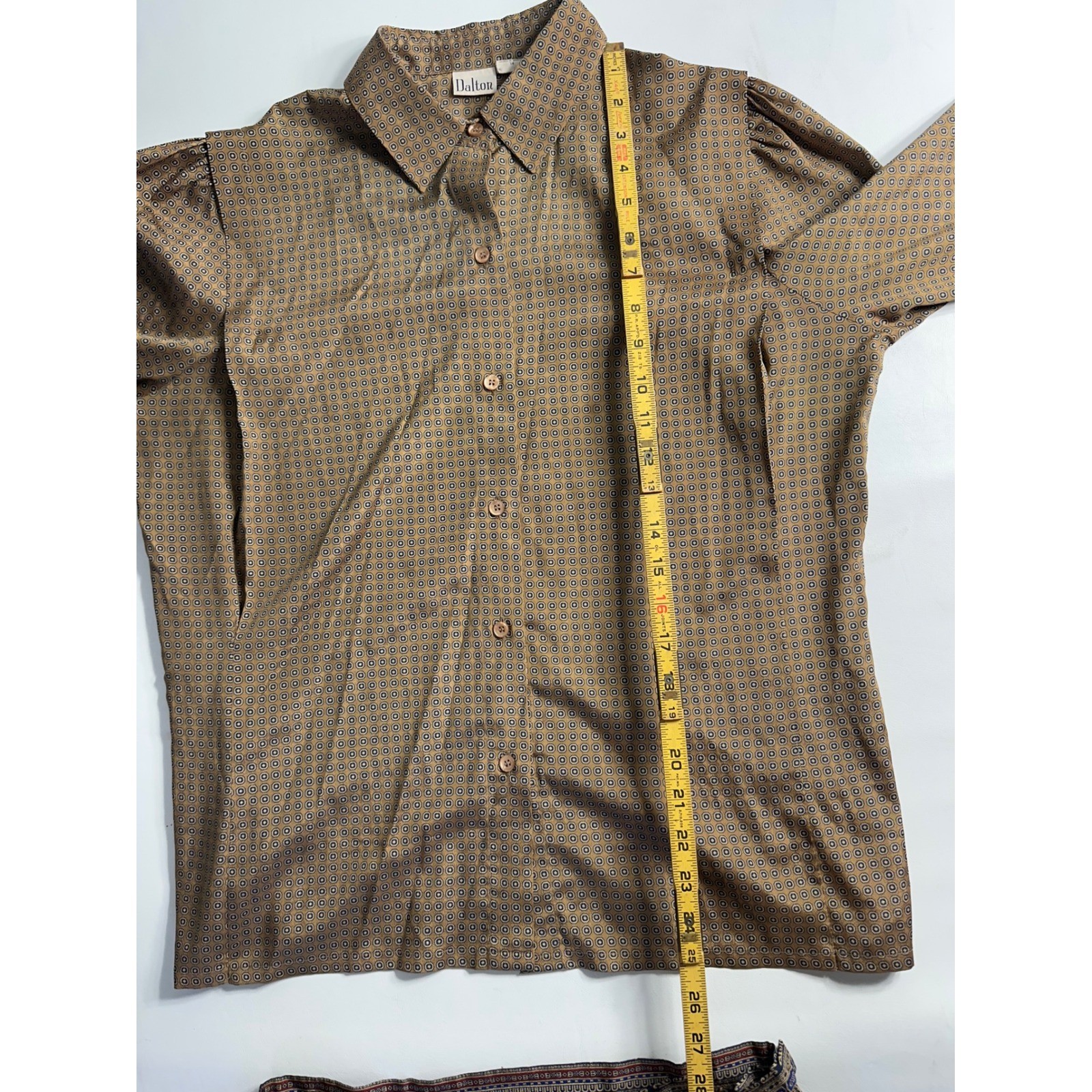 Dalton Vintage 2 Piece Skirt Set Brown Geometric Button Up Blouse Pleated Midi