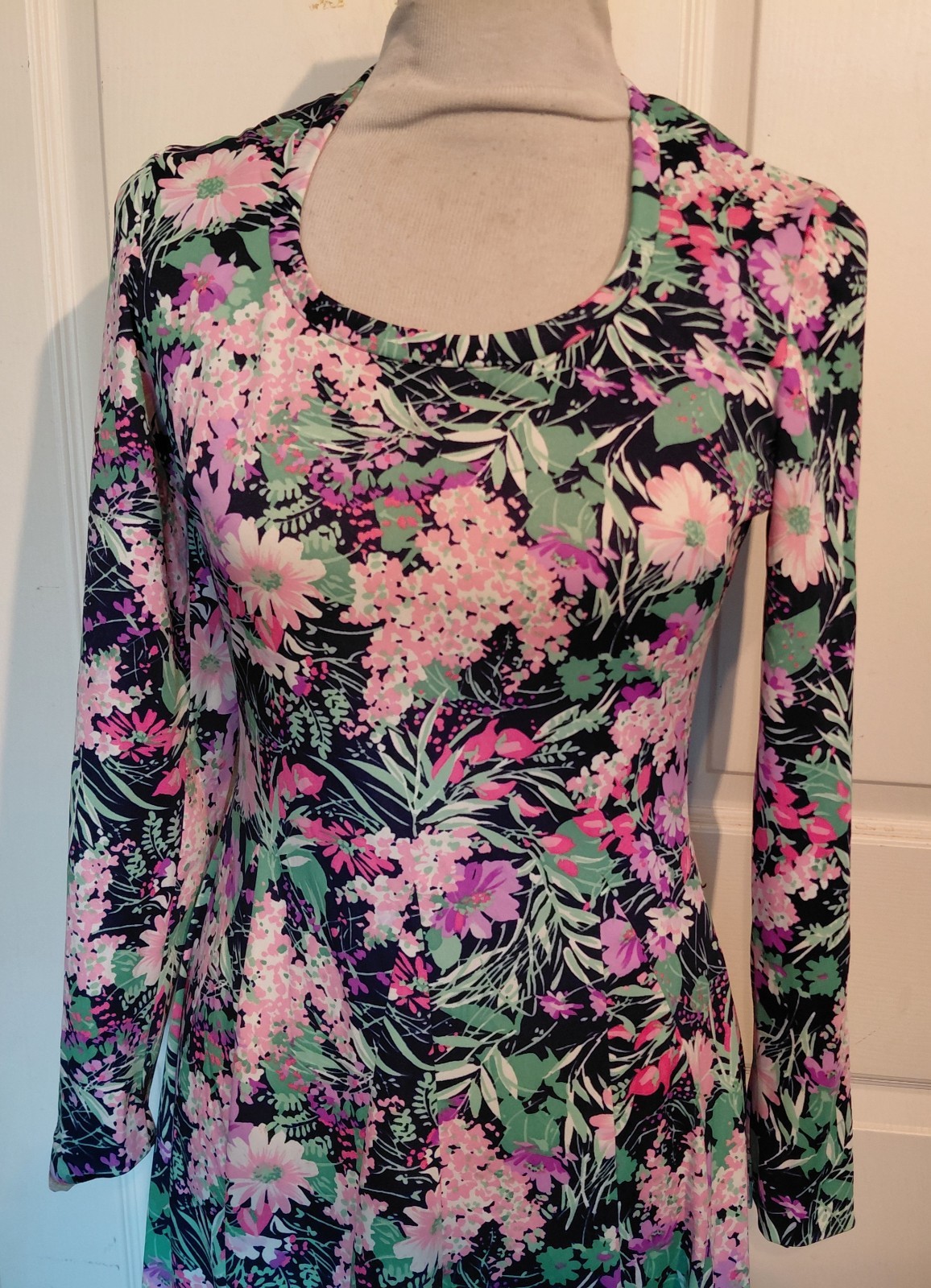 Vintage 70s Long Floral Polyester Dress Pink Purple Green Talbots B34