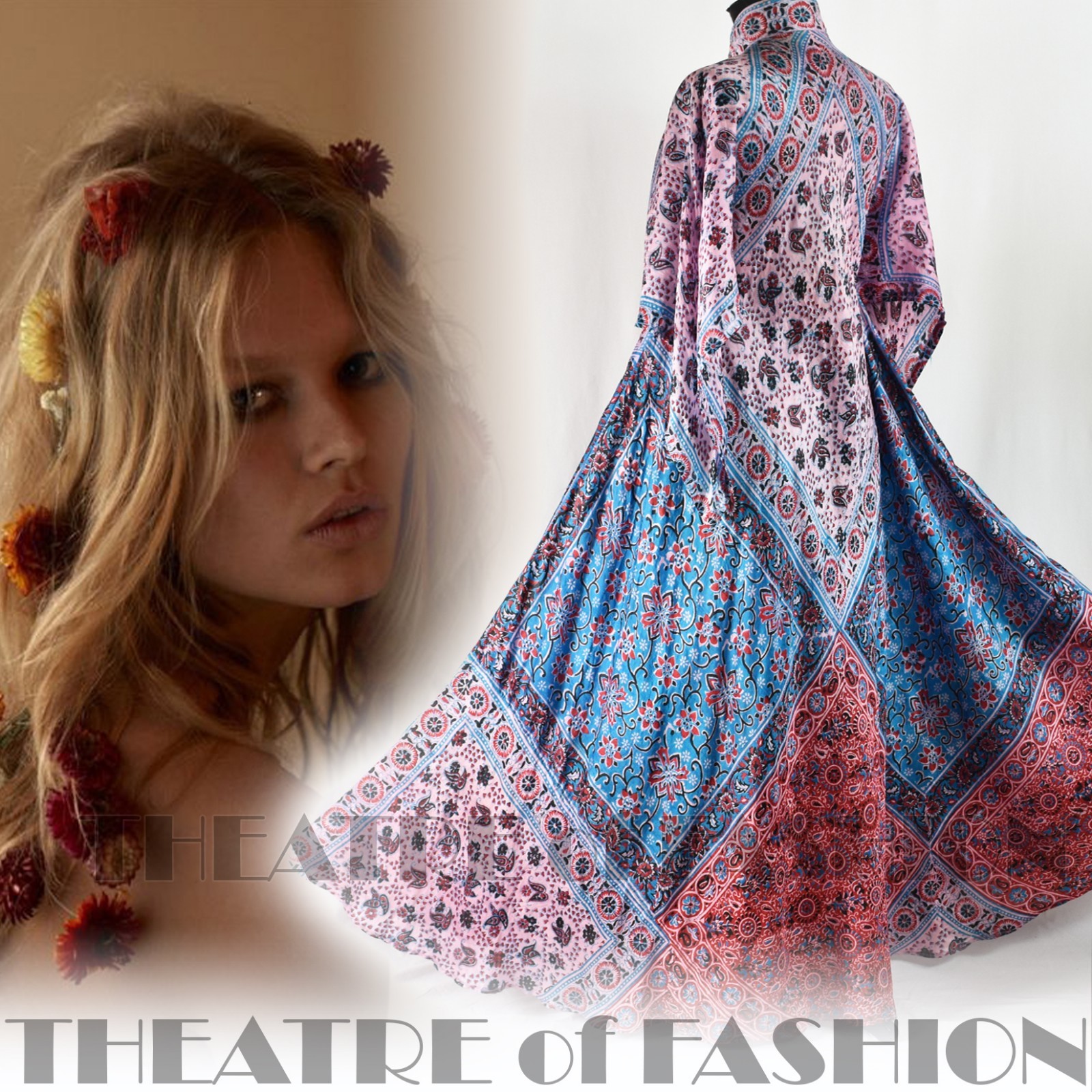 DRESS INDIAN SILK VINTAGE KAFTAN 70s WEDDING BOHO HIPPY-LUXE GODDESS M L XL XXL