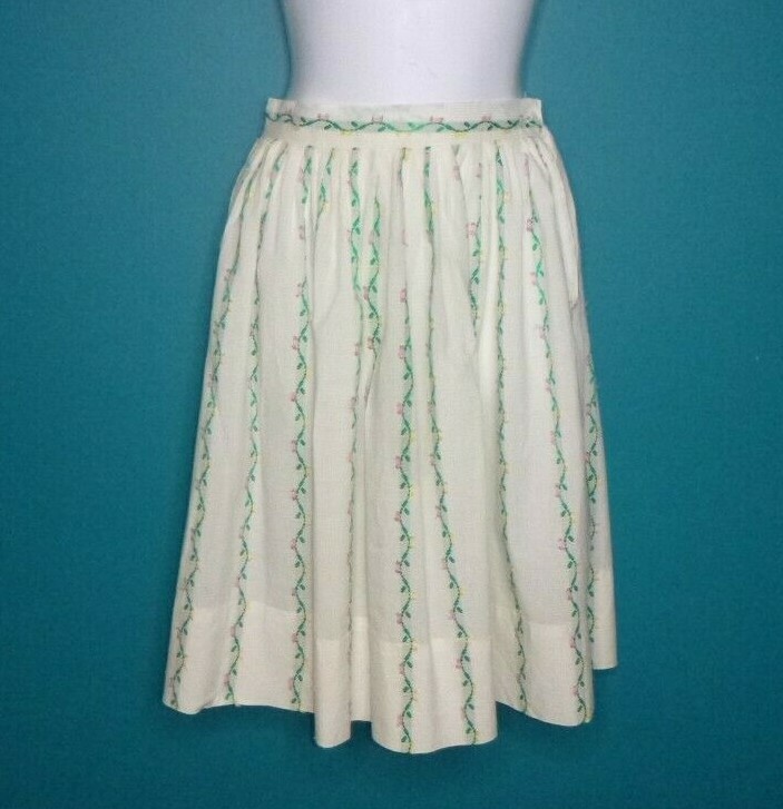 Vtg 50s 60s Cotton Clip Dot Dimity Floral Skirt Green Pink Yellow 23″ Waist