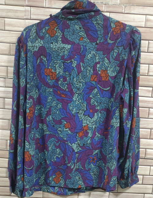 Y2K Pykettes Womens L Blouse Covered Buttons Blue Floral cowl neck long slee VTG