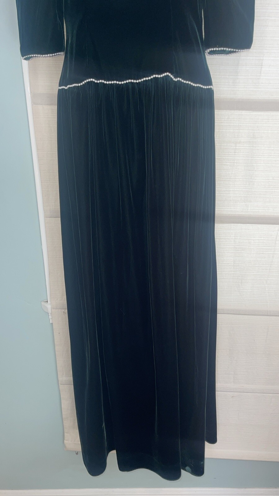 VTG Victorian Hunter Green Velvet Maxi Dress Custom Made For Wedding~Pearls~XS