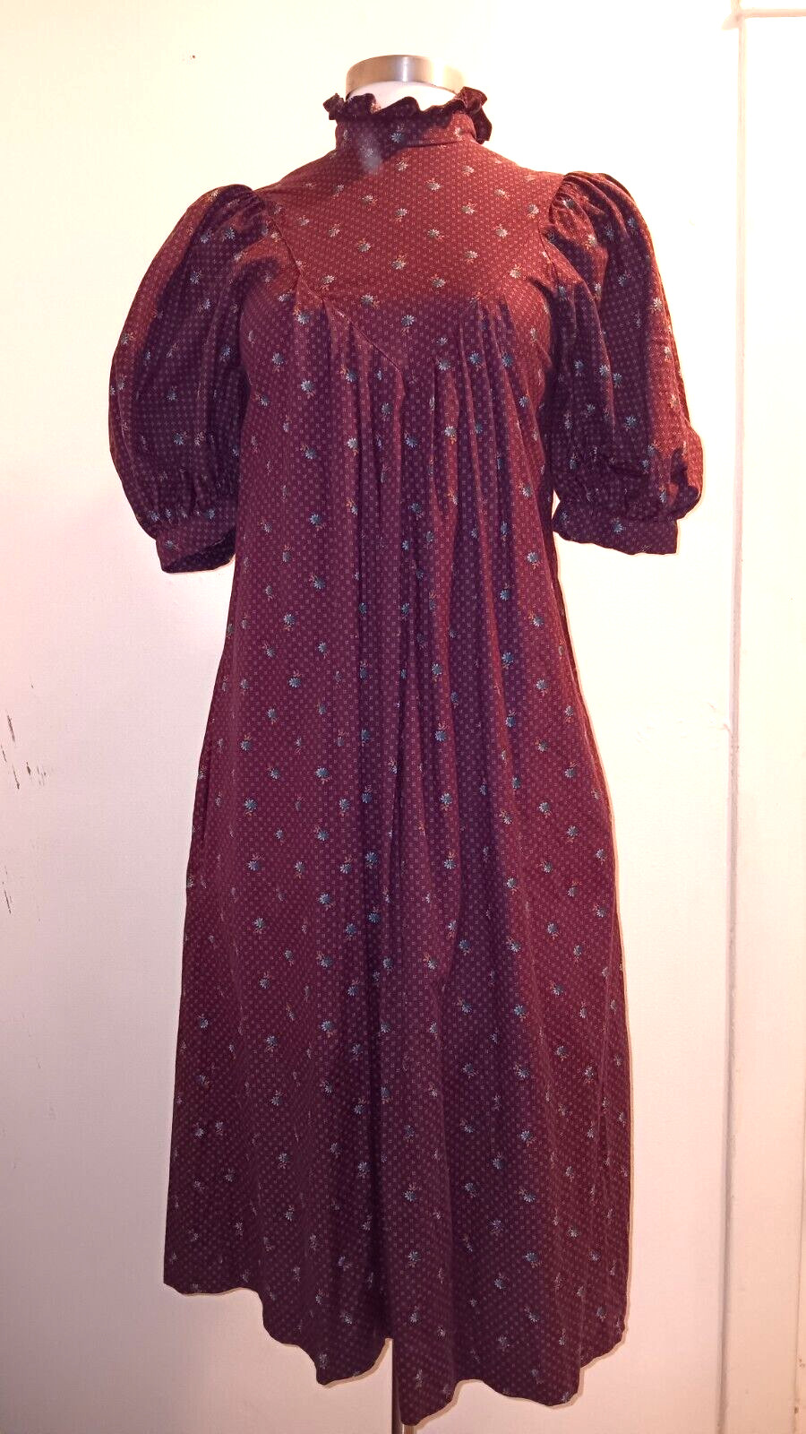 Vintage 70’s BELLE FRANCE burgundy turquoise floral prairie dress sz XS