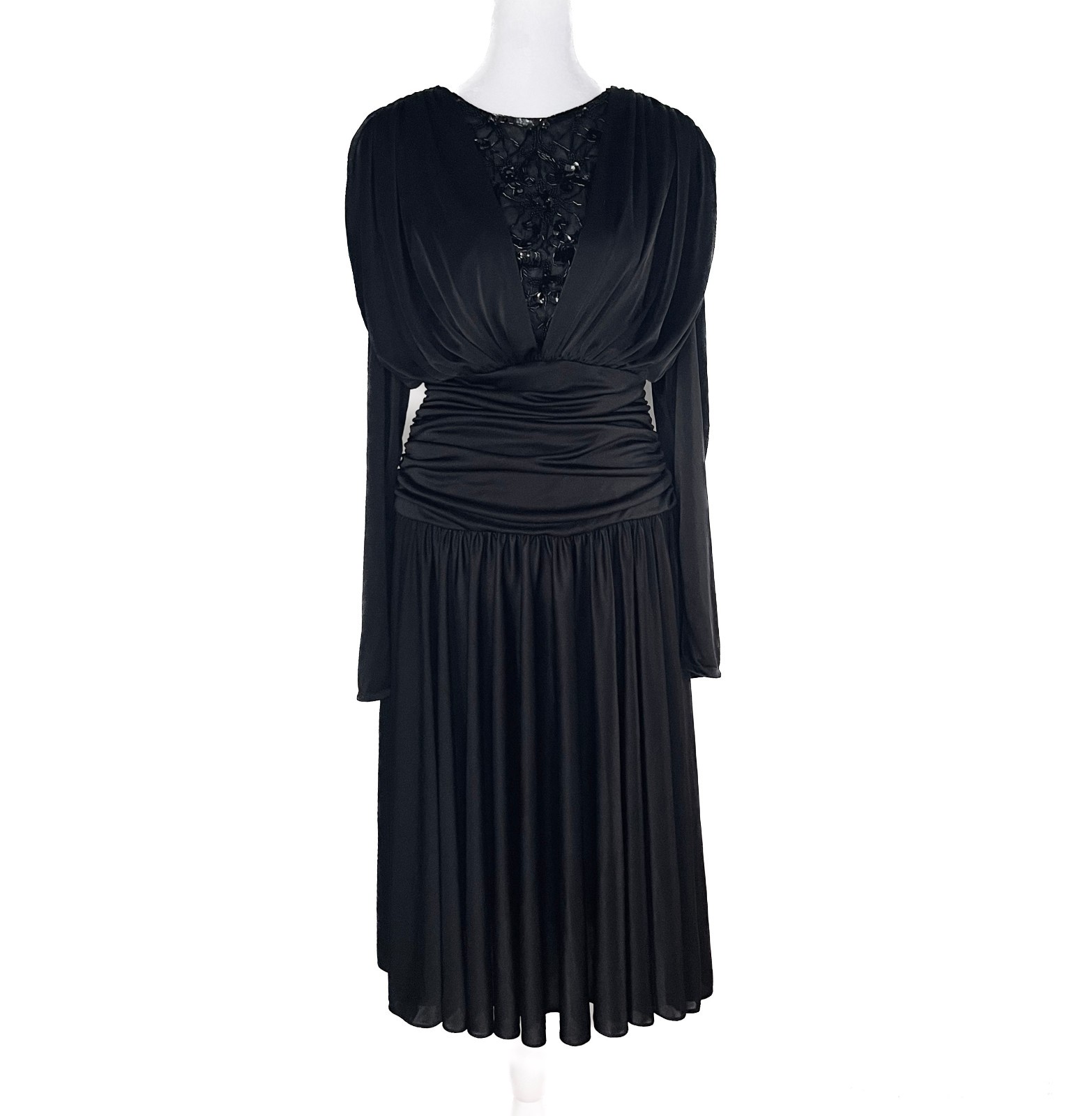 Vintage Abby Kent Black Beaded Illusion Midi Dress Ruched Gothic Glam USA M
