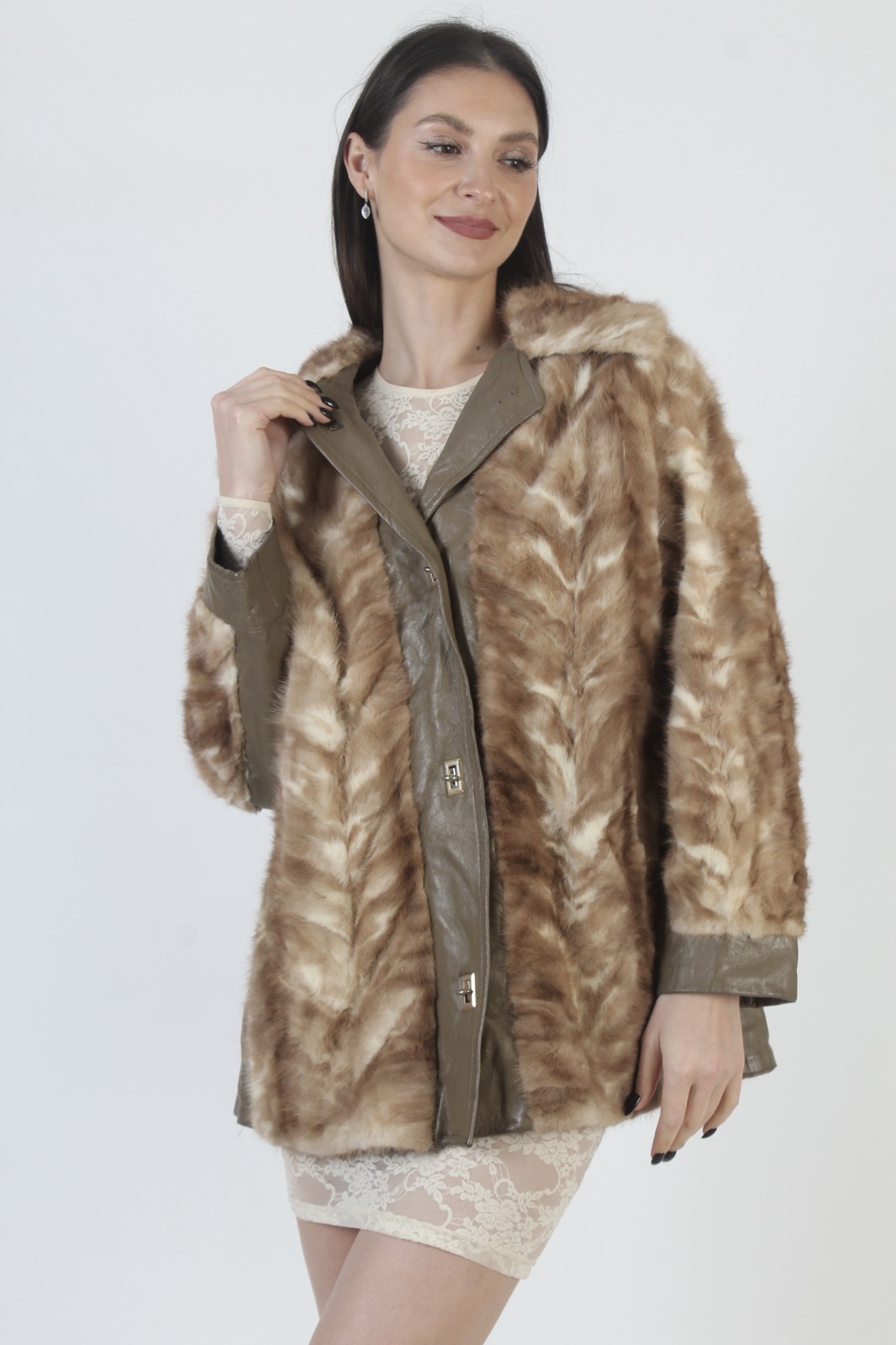 Vintage Patchwork Brown Leather Jacket Autumn Haze Blonde Real Mink Fur Sky Coat