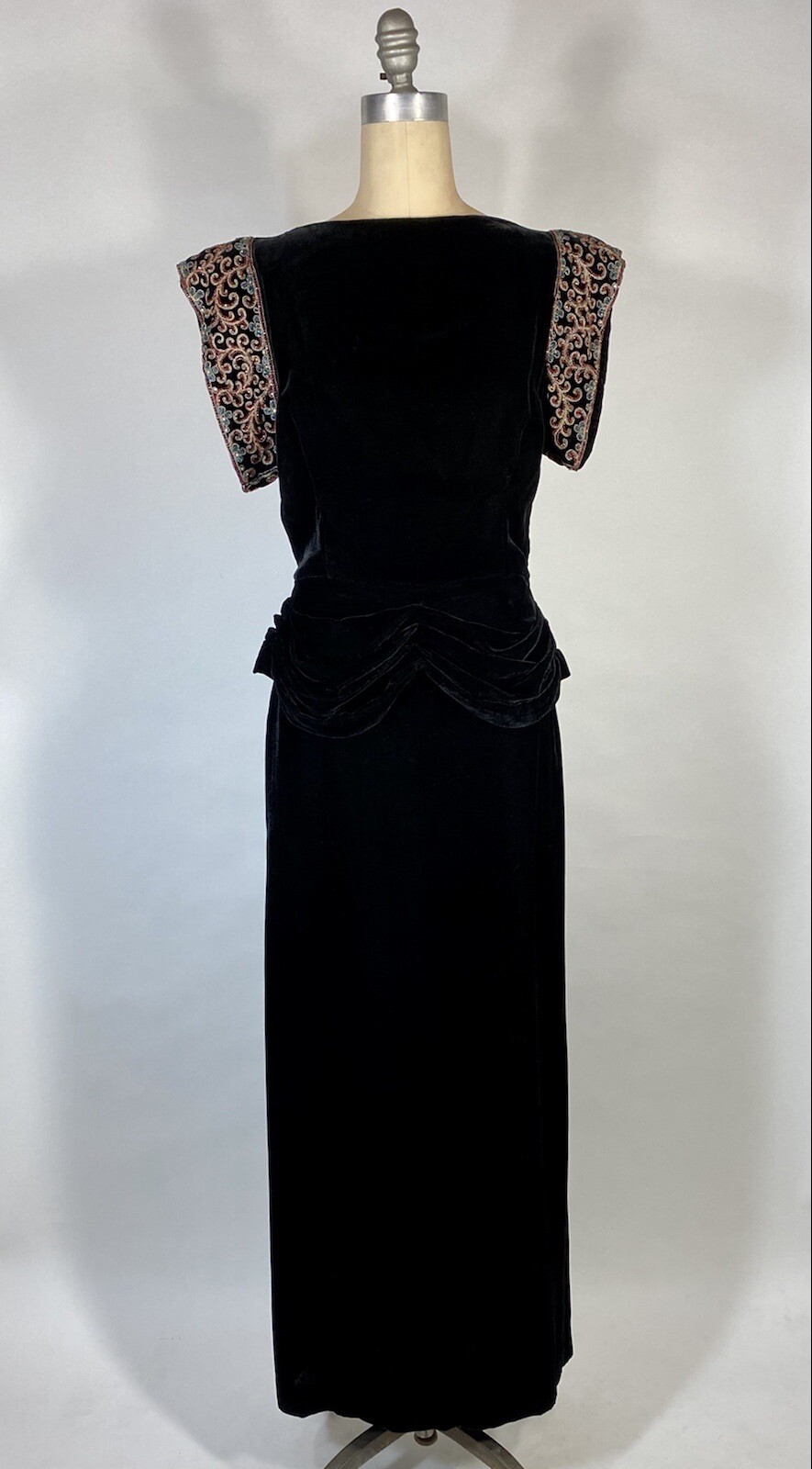 Vintage 1940’s GLAM NOIR velvet gown with beaded sleeves & unique peplum design