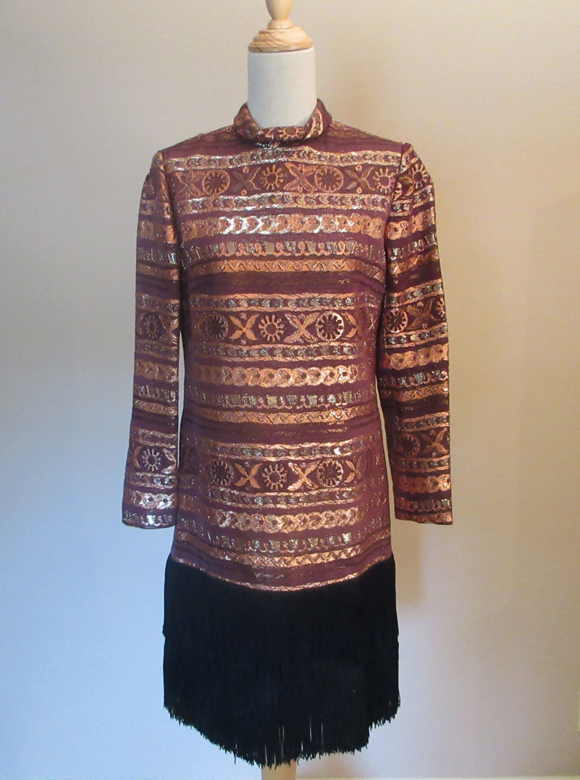 Vintage 1960s-70s Adele Simpson Mod Abstract Print Metallic Fringed Dress