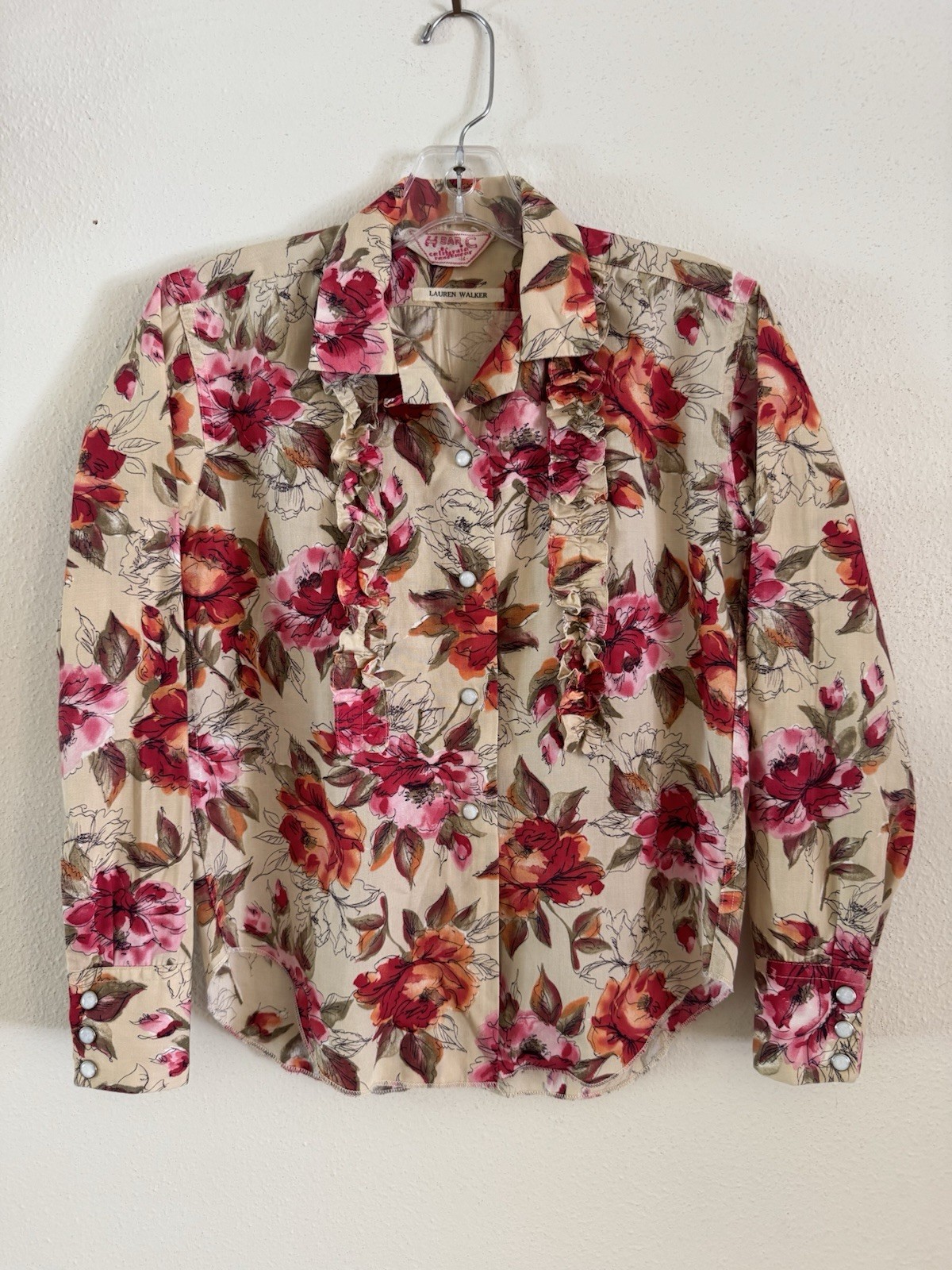 H Bar C Western Pearl Snap Ruffle Blouse Floral Rockabilly Shirt USA S Vintage