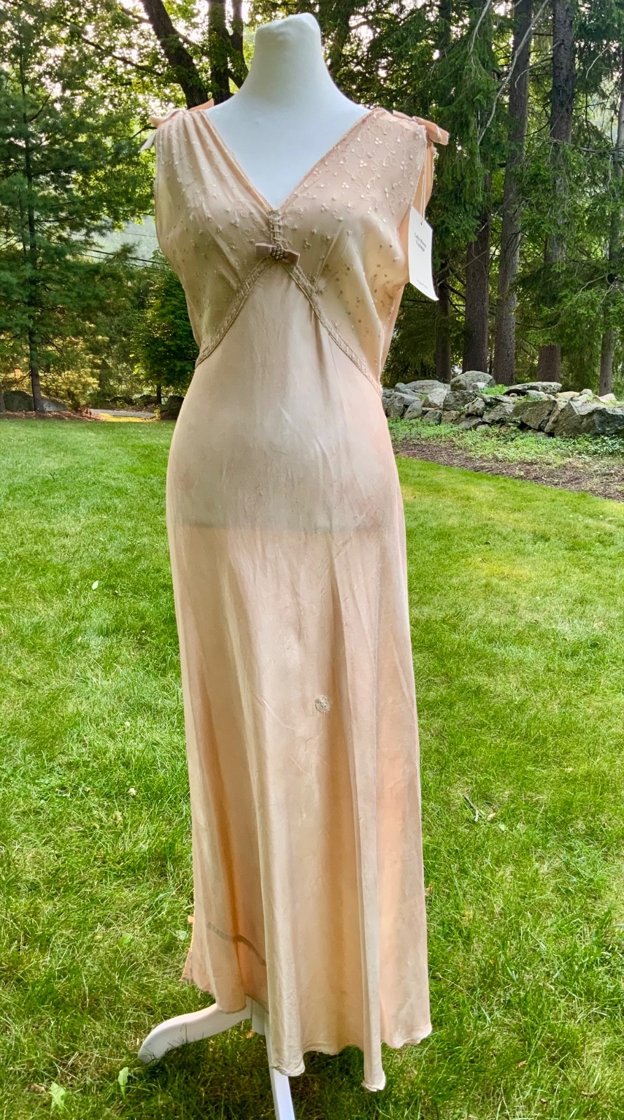 Late 1930s Tea Dyed Champagne Satin Gown Hollywood Glamour Vintage Bridal Slip S