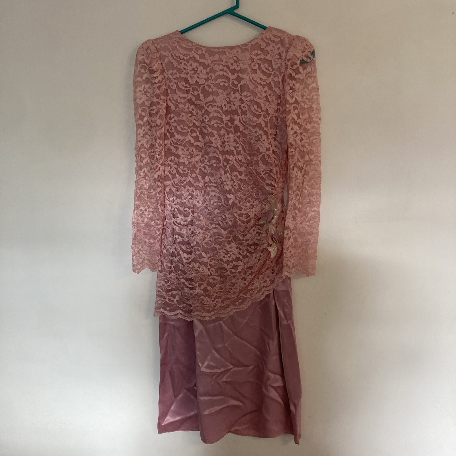 VINTAGE 80s MISTER JAY – WOMEN’S PINK LACE DRESS – SIZE 10 Formal Ruched