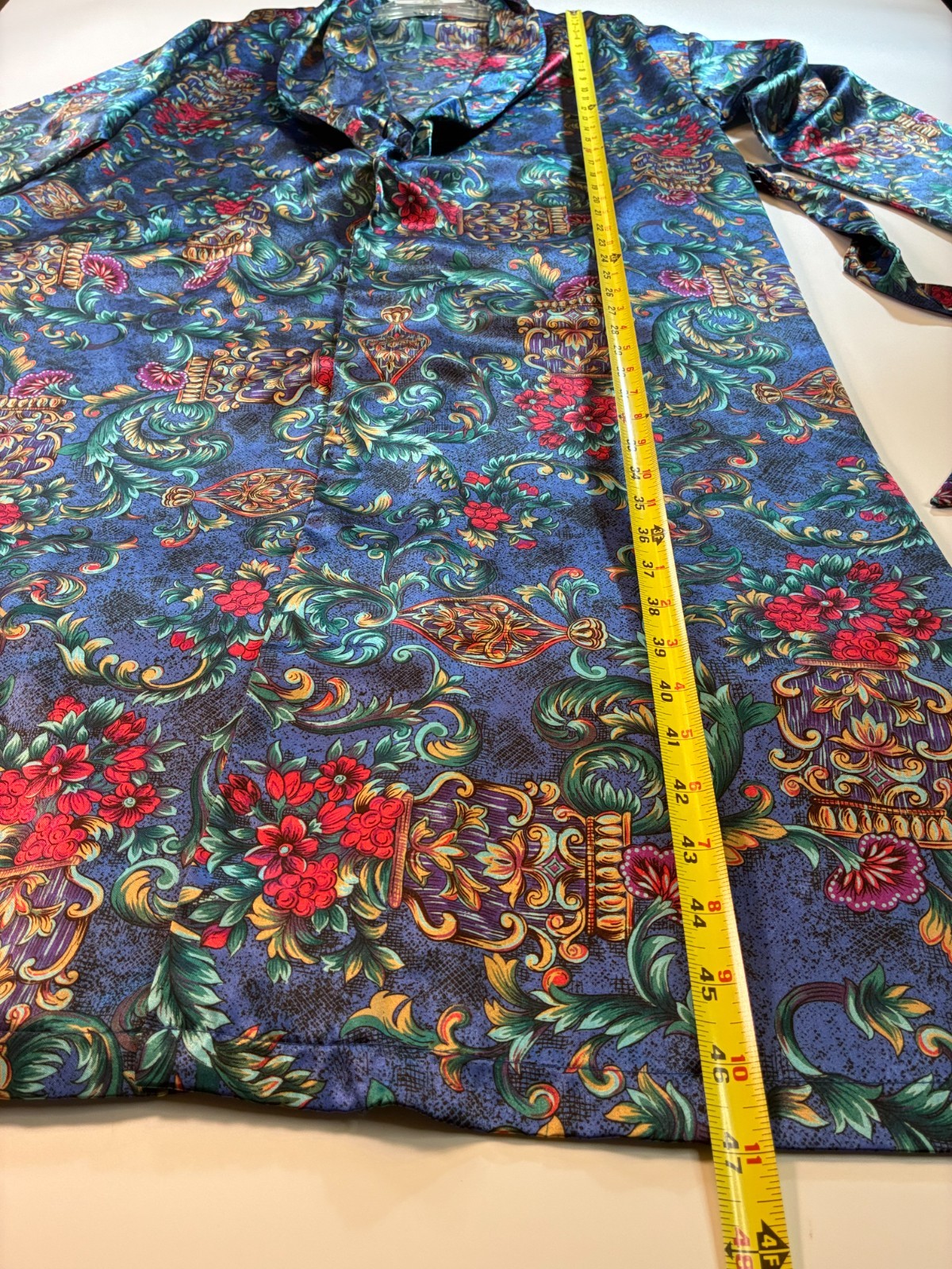 Vintage MARINE BLUE Long WRAP ROBE Medium VICTORIAN FLORAL Dressing Gown Kathryn