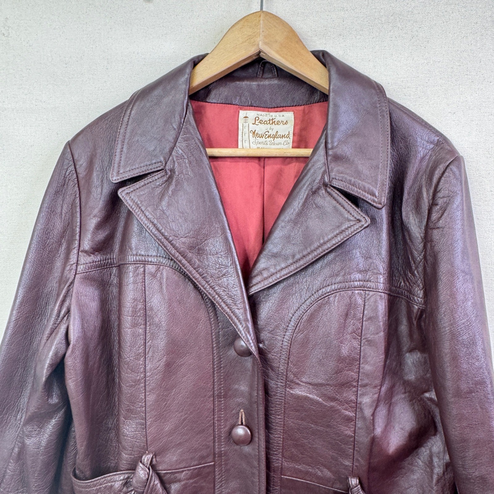 New England Sportswear Leather Jacket Burgundy Brown Vintage 70s Belted Coat USA