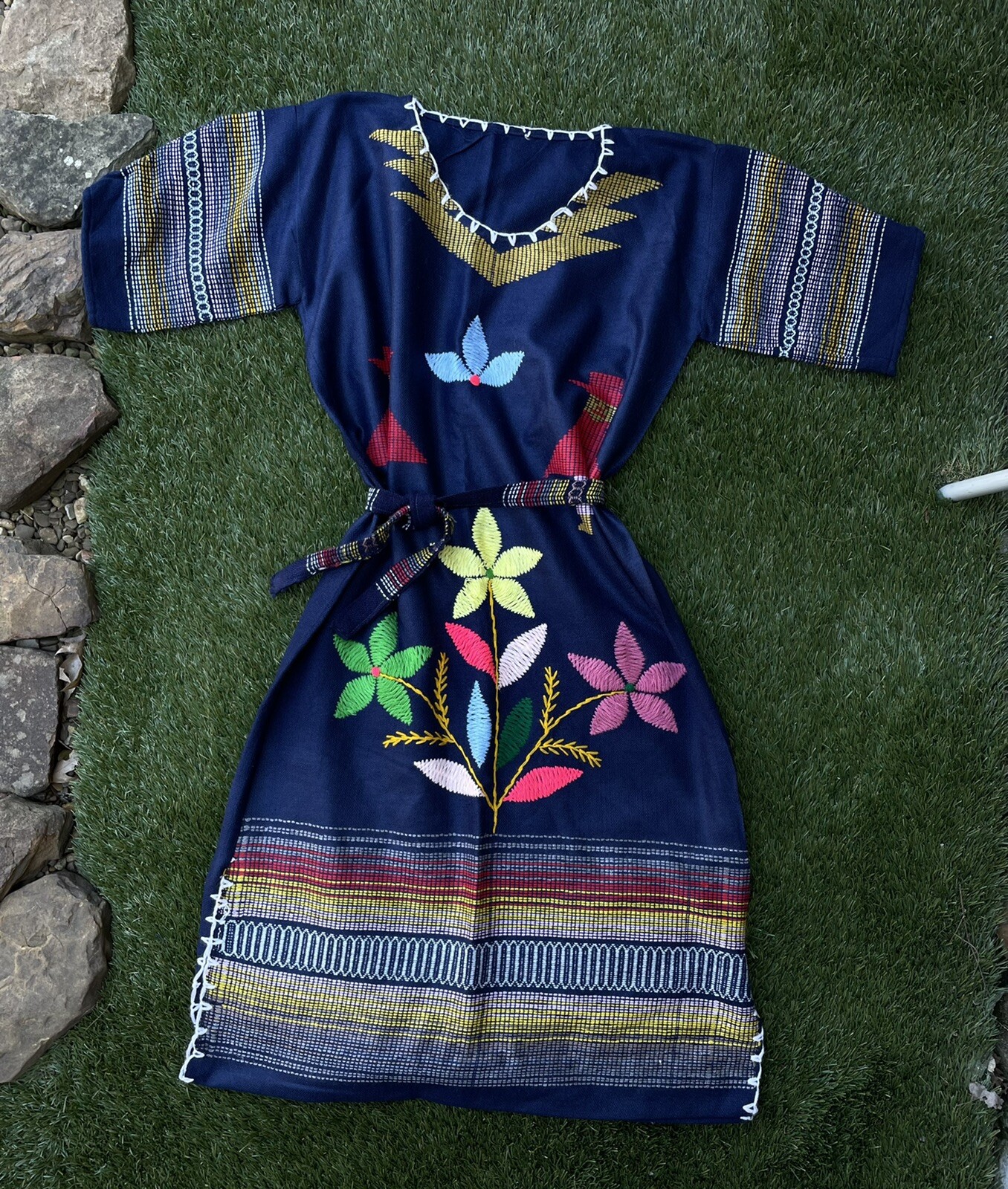 ✅Vtg 1980s Peru Ecuador Bolivia South America M/L Blue Colorful Hand Woven Dress