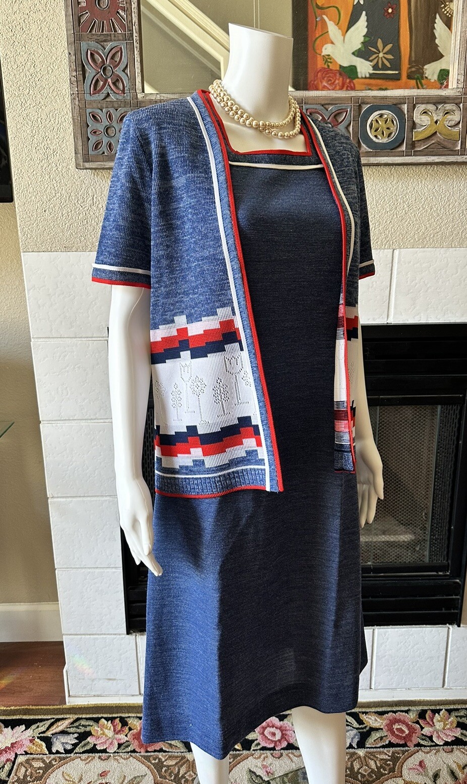VTG 1960s Bleeker Street Drop Waist Blue Dress & Jacket XL Blue Red White