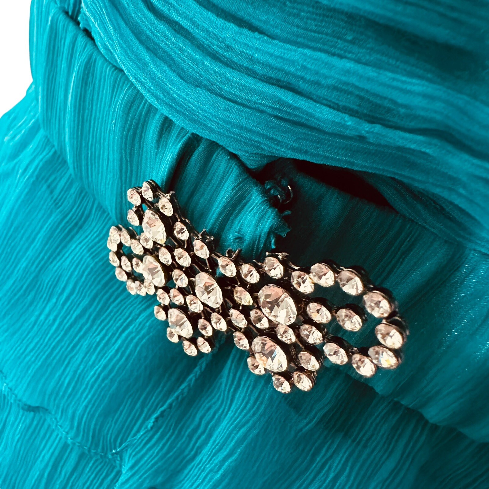 Vintage 90s Y2K Aqua Silk Tiered Formal Prom Dress Feather Trim Sz 10 McBling