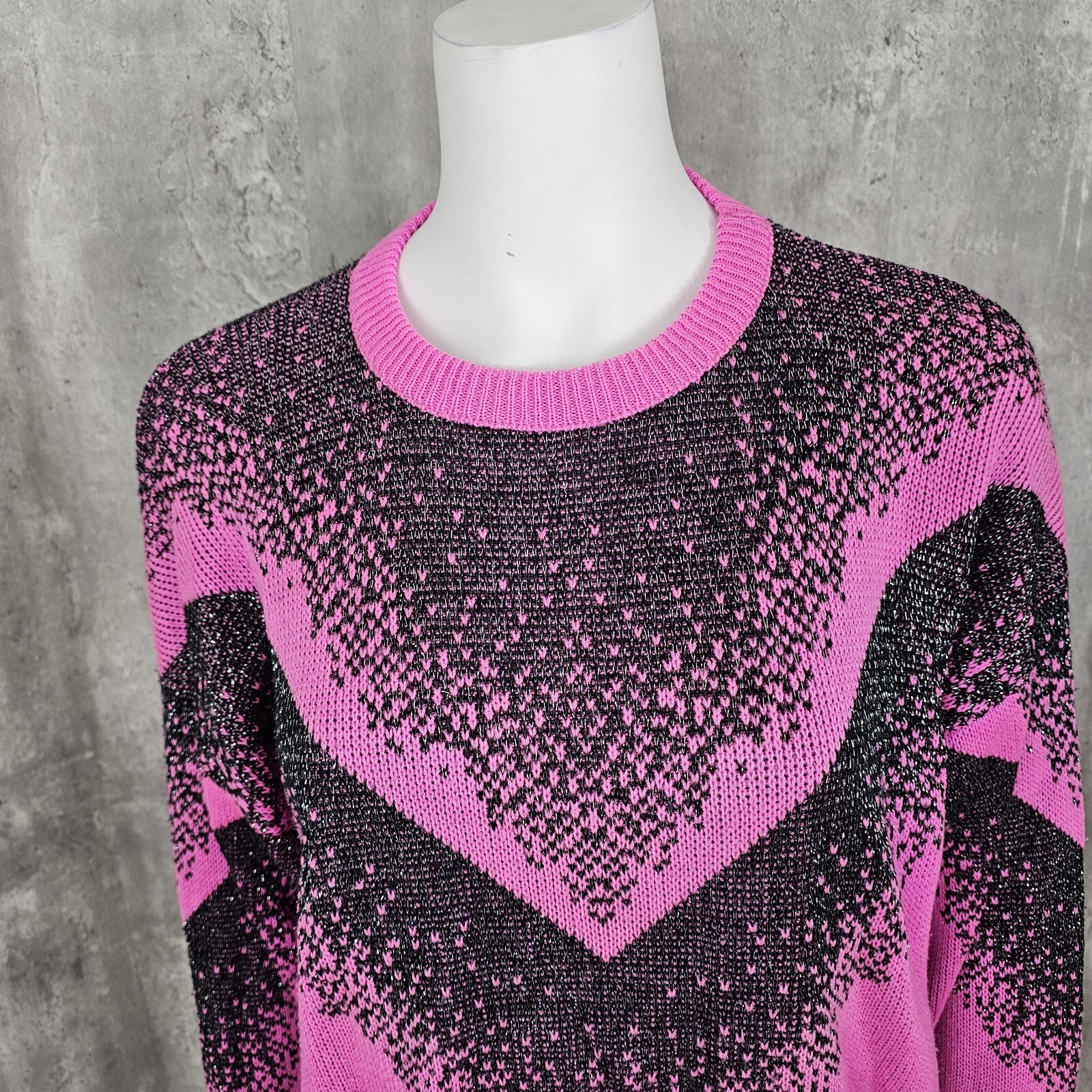 Vintage 80s 90s Metallic Black Hot Pink Polyacry Knit Pullover Sweater Glam