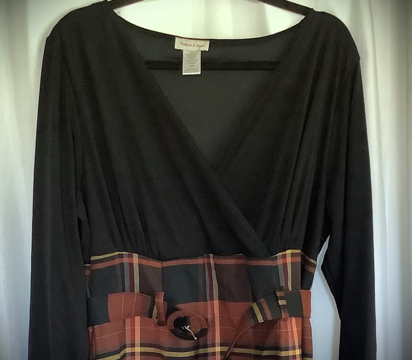 Monroe & Main Belted Midi Dress Vtg Size 18W Plaid Black Brown Yellow USA-Made