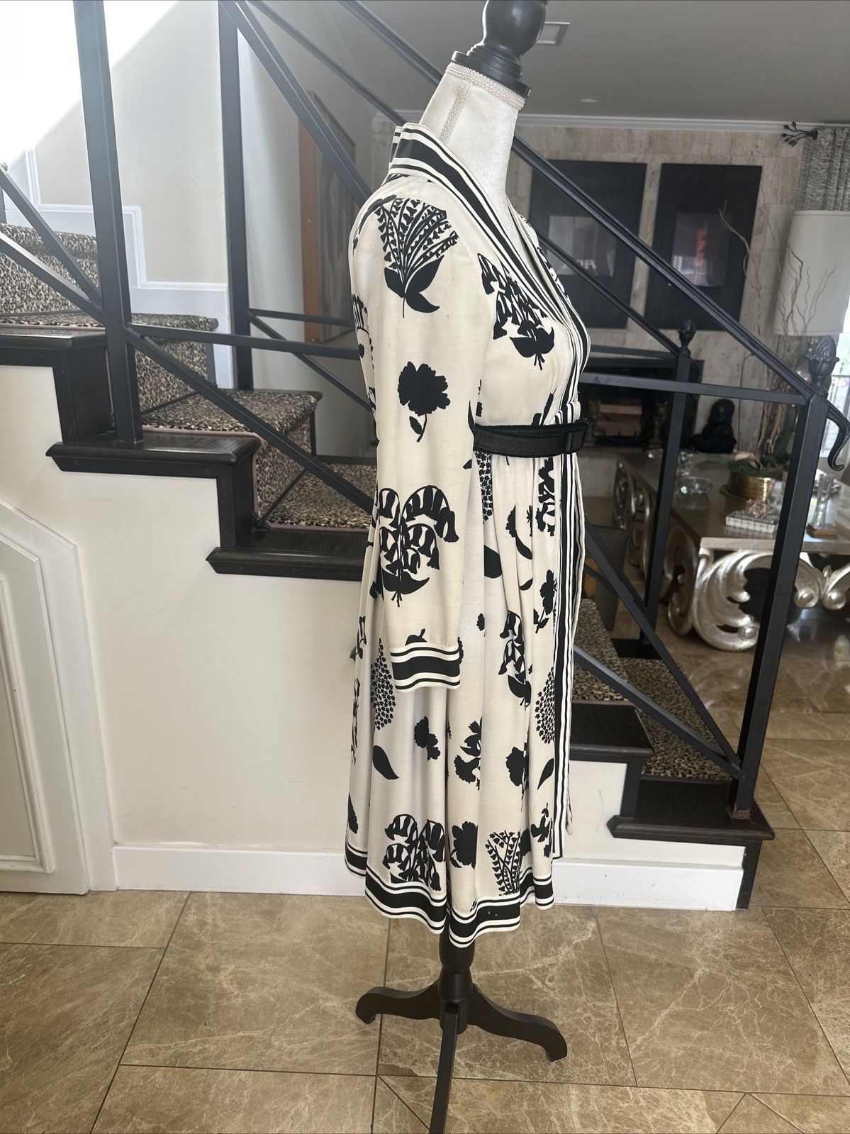Geoffrey Beene 60s Black & White Silhouette Floral Print Empire Babydoll Dress S