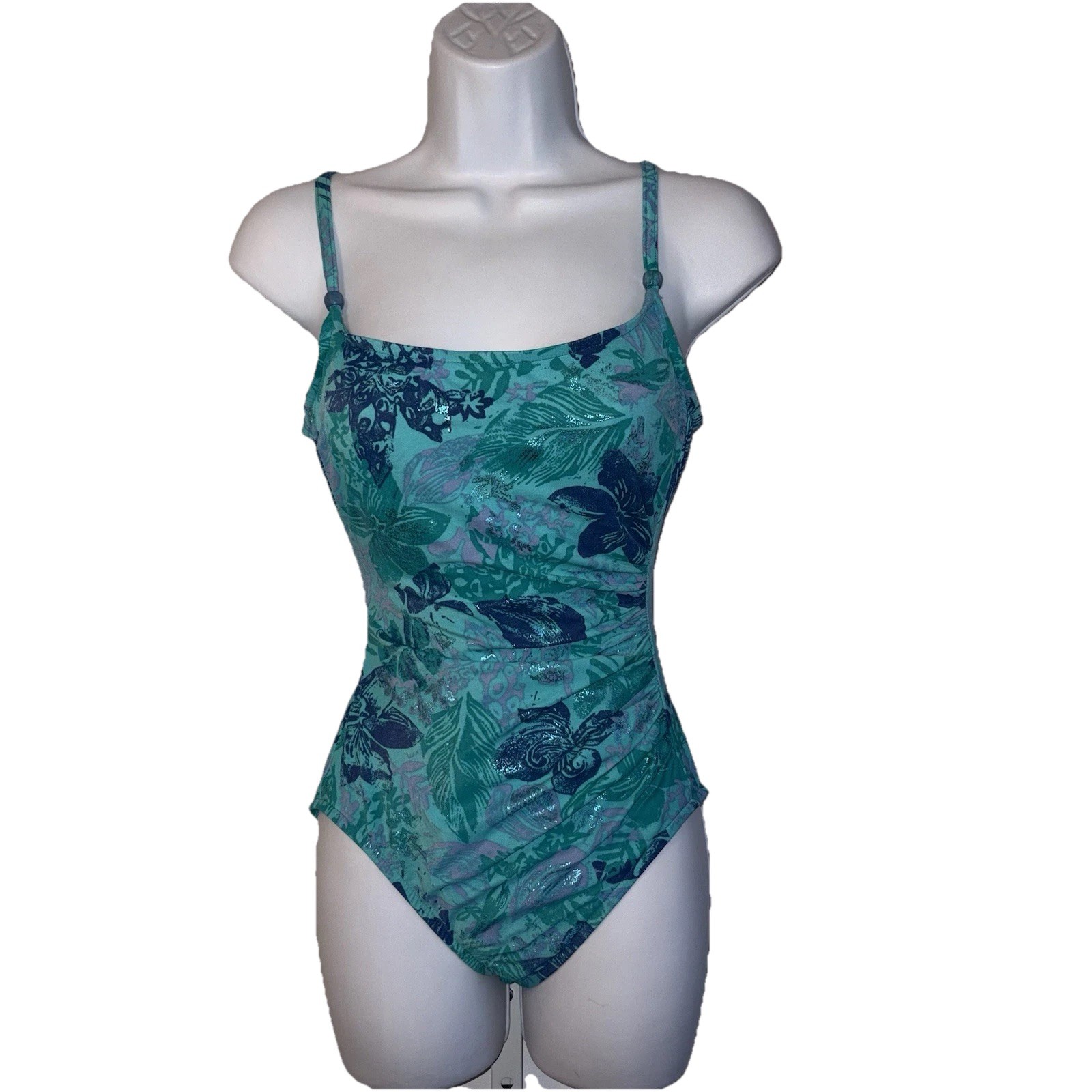 Vtg Cole Of California 90’s One Piece Swimsuit Size 8 Blue Floral Metallic Print