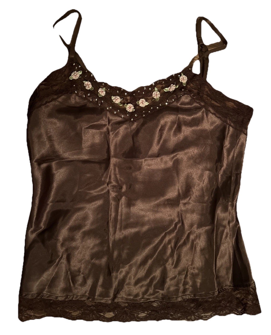 Vintage Y2K Deadstock One Step Up Satin Camisole Cami Top NWT Brown Rose Lace S
