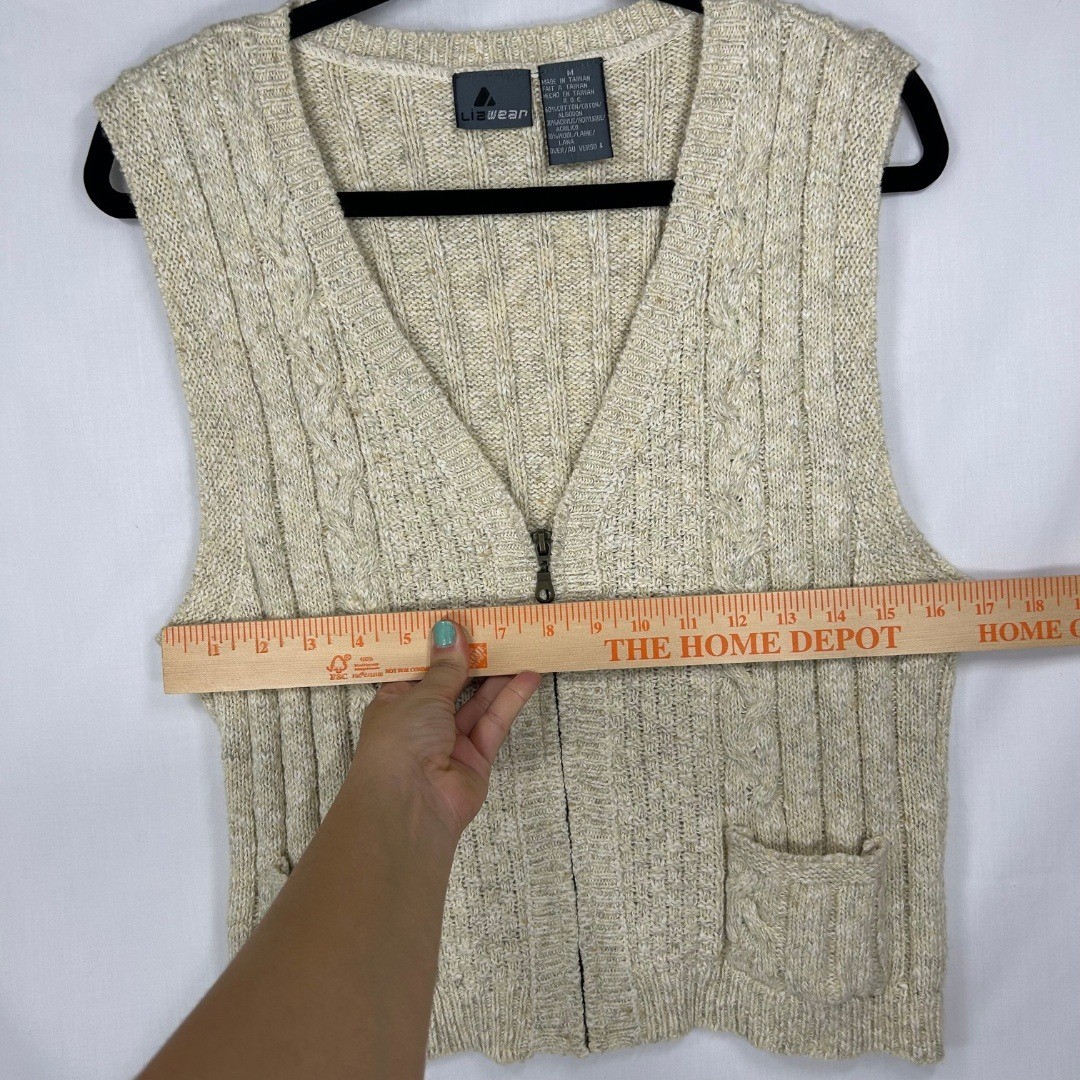 Vintage Lizwear Cable Knit Zip Front Sweater Vest – Cream Wool Blend Pockets (M)