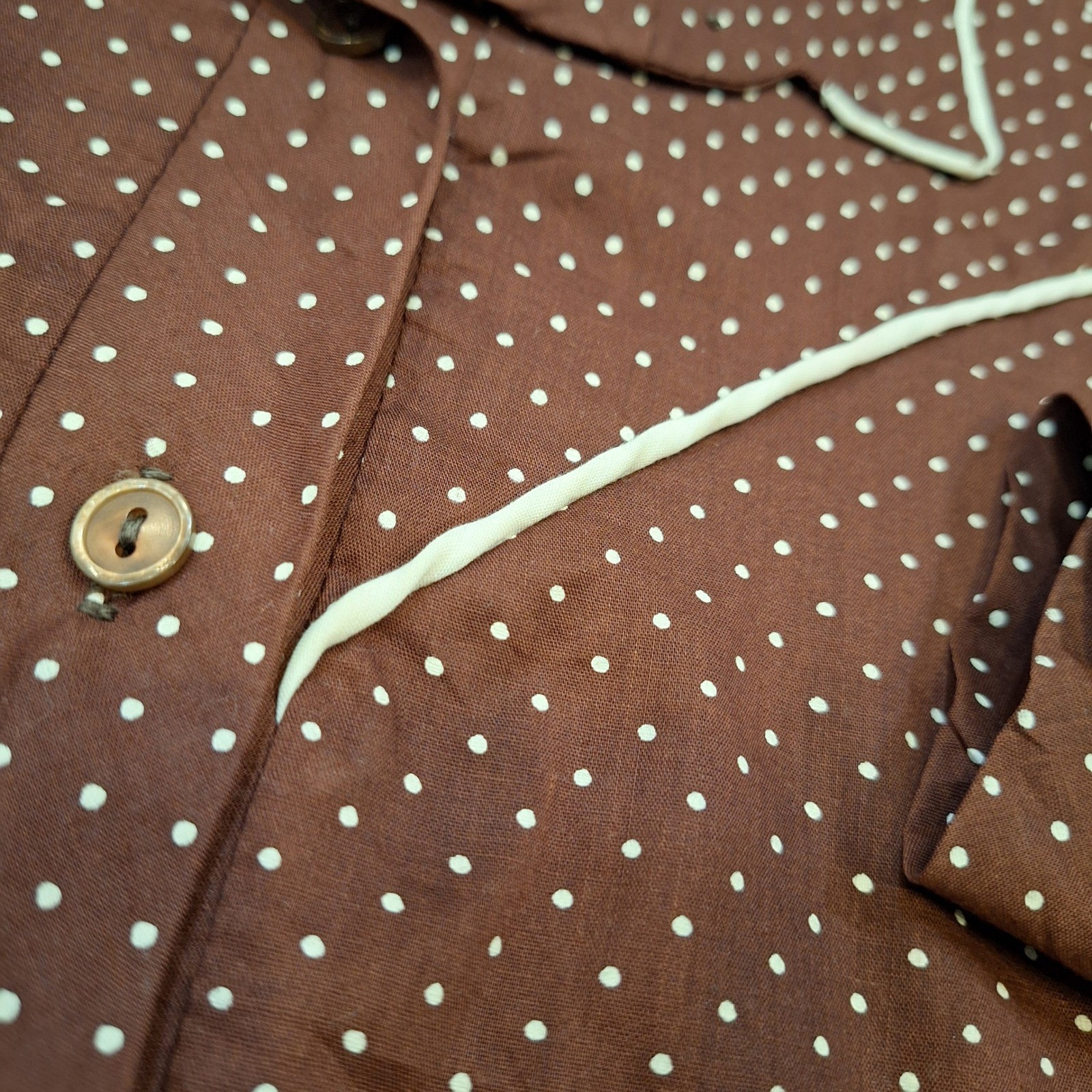Vtg 70s Teddi of California Sz 10 (S-M) Brown Polka Dot Western Piping Shirt