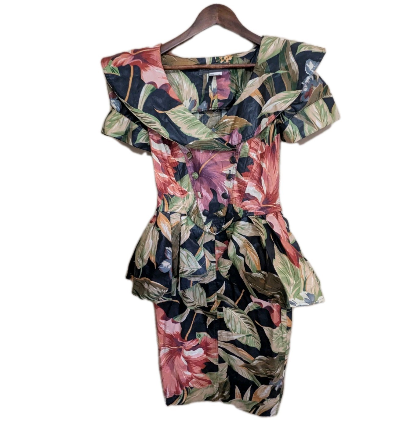 Vtg 80s Karen Alexander Floral Button Dress Ruffle Sz 6 Vintage Wiggle Peplum