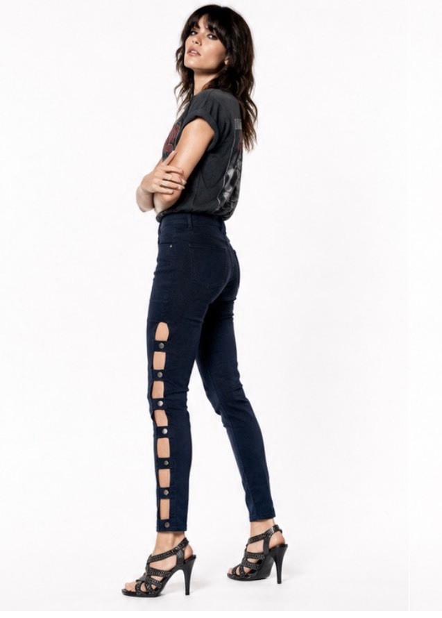 NWT 1980s VTG TRAFFIC Cutout Ladder Strap Rock Band Chick Dark Blue Jeans 9/10