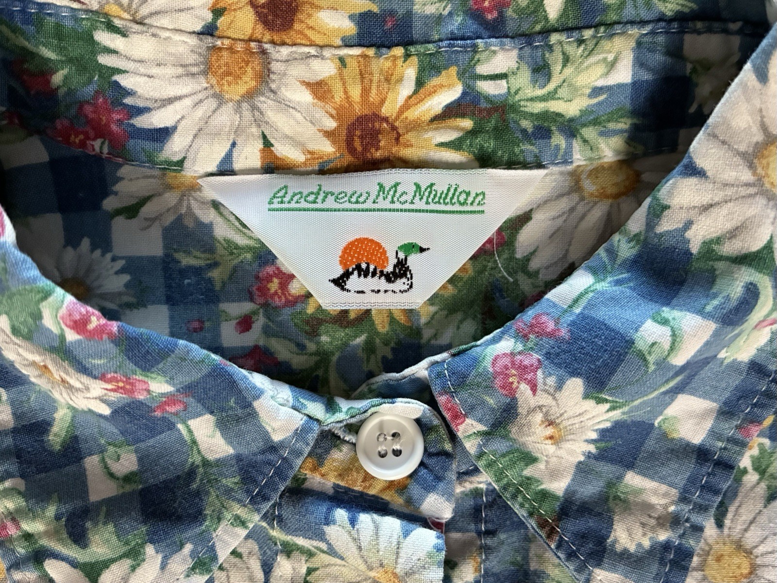 Vintage 80s Andrew McMullan Gingham Daisy Print Button Up Short Sleeve M USA