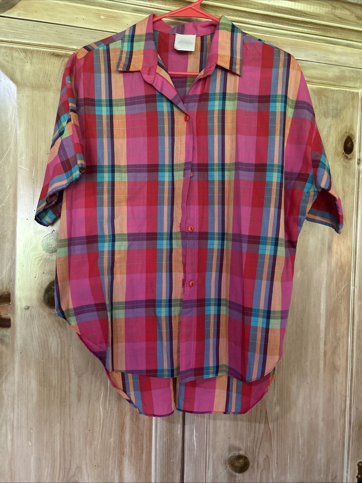 Vintage 80s You Babes Women’s Short Sleeve Button Down Pink Plaid Shirt Medium