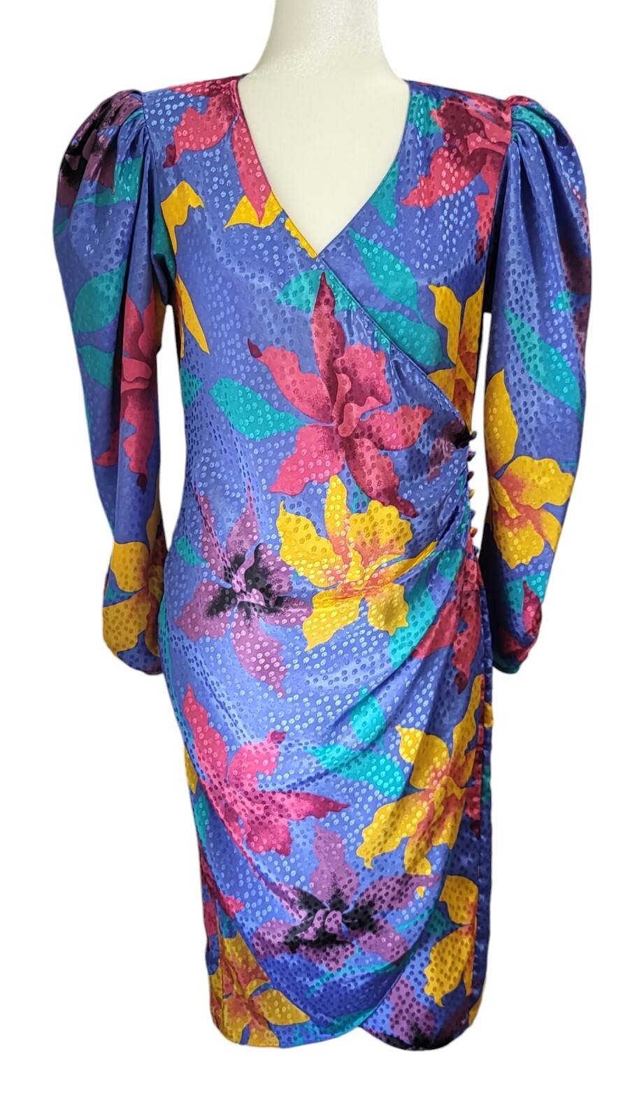 St. Barts Vintage 80s Disco Wrap Dress Women’s Size 9/10 Silky Bold Floral