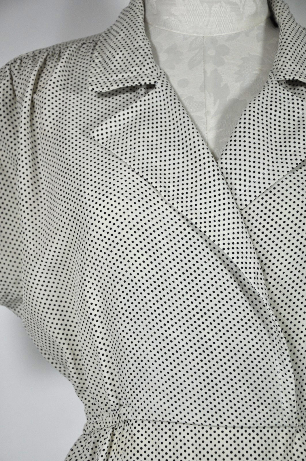 80s Vintage White Black Polka Dot Silk Short Sleeves Wrap Shirtdress Women S