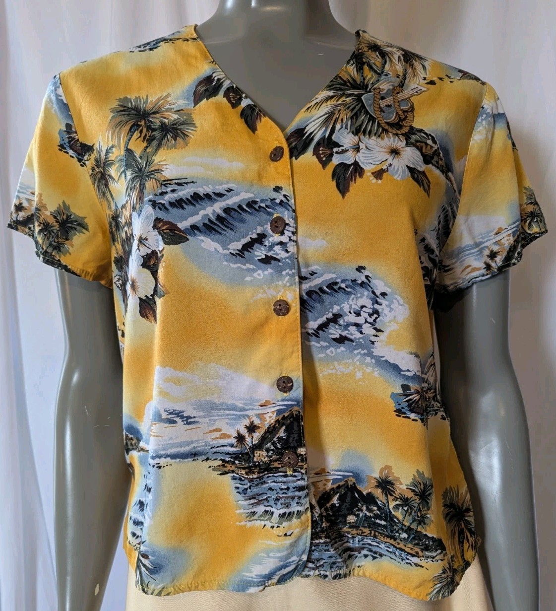Hilo Hattie The Hawaiian Original Shirt Yellow Palm Trees Floral Instrument M